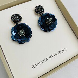 NEW Banana Republic Navy Blue Floral Sequin Earrings with Gift Box!